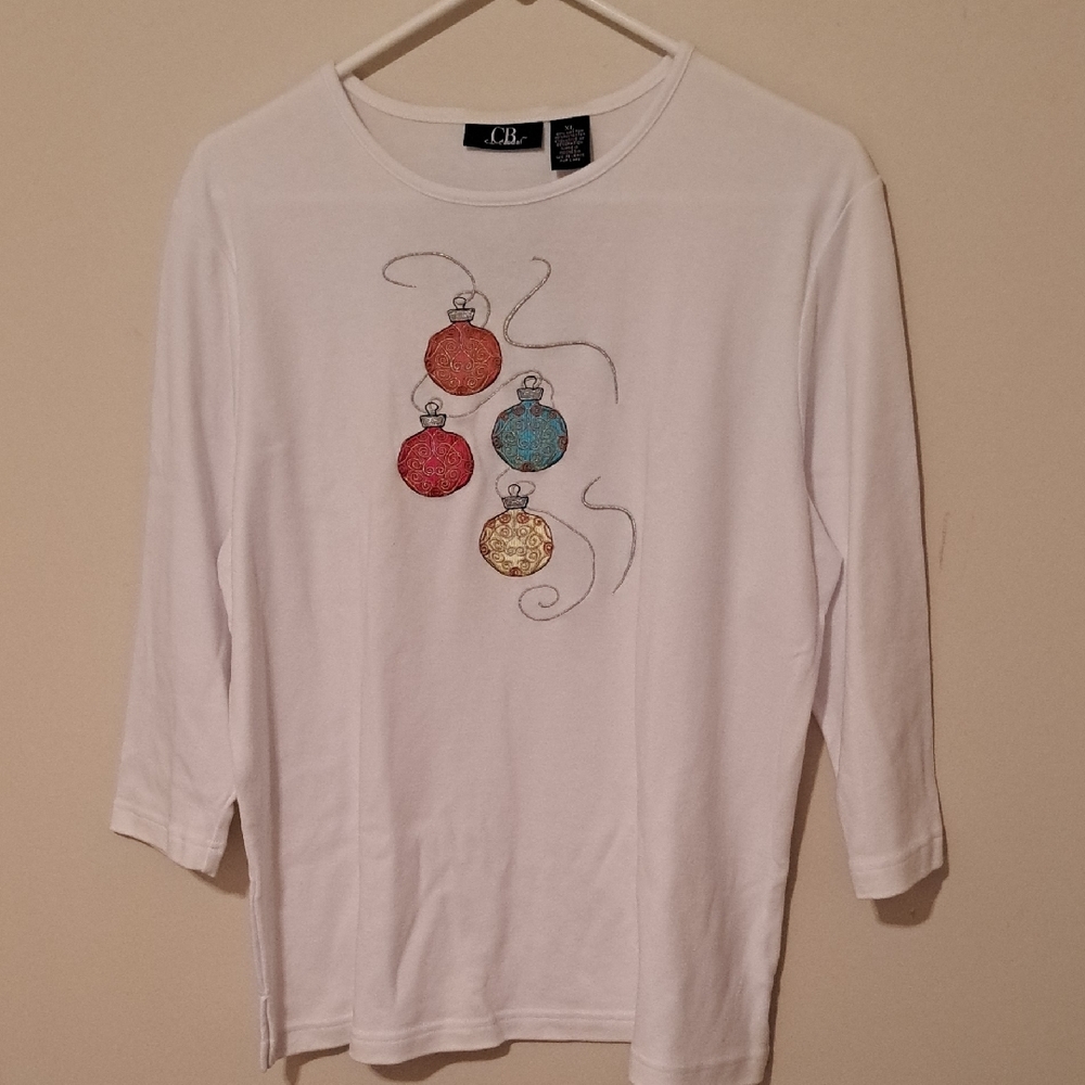C.B. Casual White Long Sleeve Top with Ornament Design.  XL
